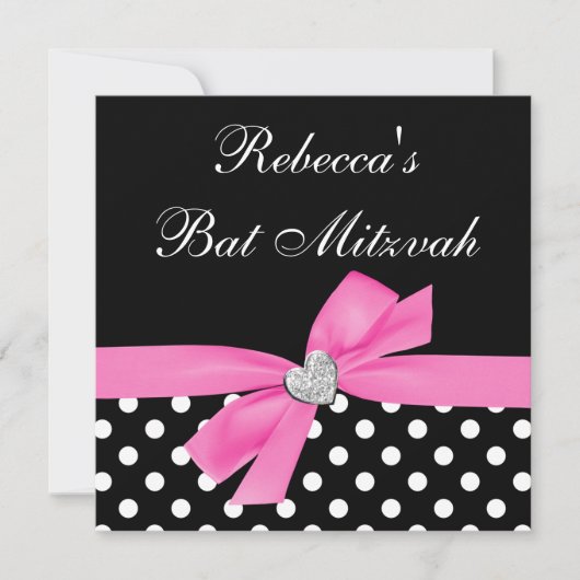 Polka Dot Pink Black Bow Heart Bat Mitzvah Kaart (Voorkant)