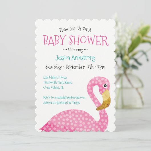 Polka Dot Pink Flamingo Baby shower Kaart (Staand voorkant)