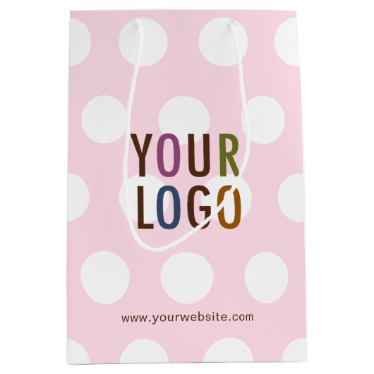 Polka Dot Pink Gift Bag met Zakelijke Logo 10 inch Medium Cadeauzakje (Voorkant)