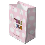 Polka Dot Pink Gift Bag met Zakelijke Logo 10 inch Medium Cadeauzakje (Voorkant Gekanteld)