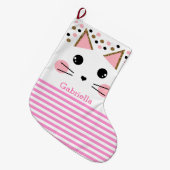 Polka Dot Pink Gold Glitter Striped Cat Face Grote Kerstsok (Voorkant (Hangend))