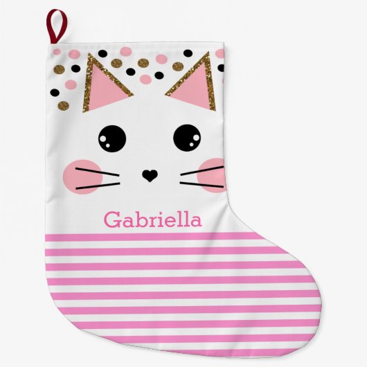 Polka Dot Pink Gold Glitter Striped Cat Face Grote Kerstsok (Voorkant)