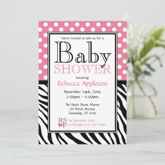Polka Dot Pink & Zebra Print Baby shower Kaart (Staand voorkant)