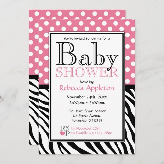 Polka Dot Pink & Zebra Print Baby shower Kaart (Voorkant / Achterkant)