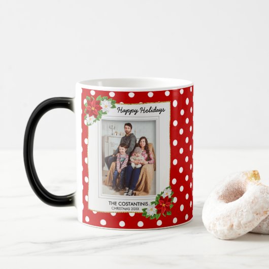 Polka Dot Poinsettia Foto Kerst Koffie Mok (Met donut)