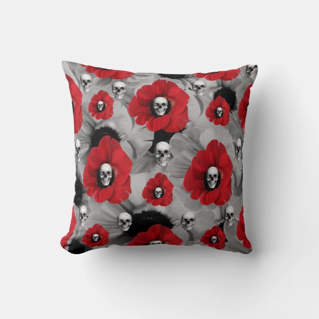 Polka dot poppies en skulls kussen (Voorkant)