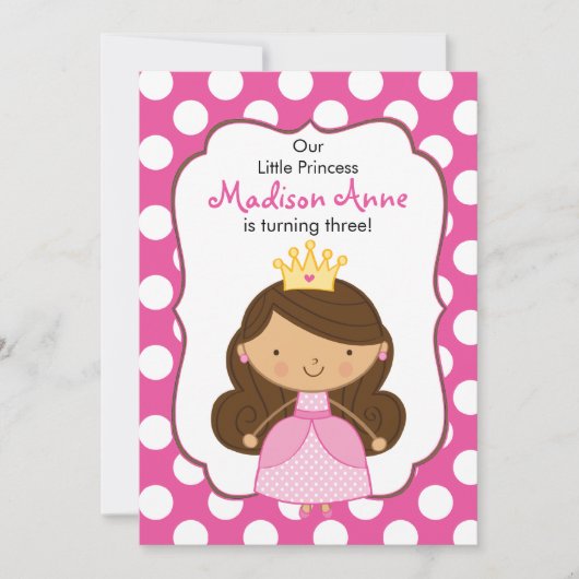 Polka Dot Princess Birthday Invitation Brunette Kaart (Voorkant)