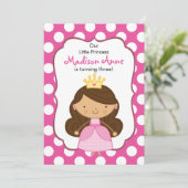 Polka Dot Princess Birthday Invitation Brunette Kaart (Staand voorkant)