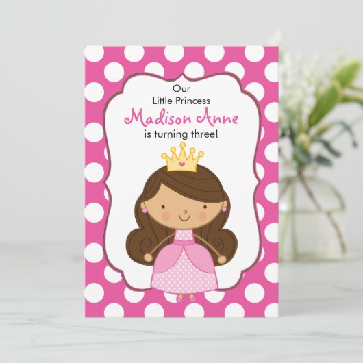 Polka Dot Princess Birthday Invitation Brunette Kaart (Staand voorkant)