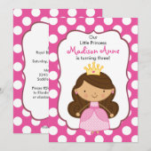 Polka Dot Princess Birthday Invitation Brunette Kaart (Voorkant / Achterkant)