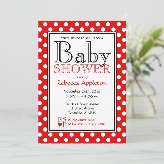 Polka Dot Red Baby Shower Invitaties Kaart (Staand voorkant)