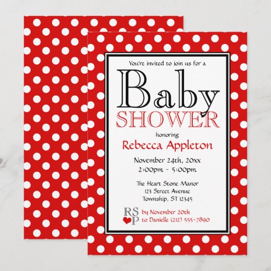 Polka Dot Red Baby Shower Invitaties Kaart (Voorkant / Achterkant)
