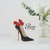 Polka Dot Red Black High Hiel Birthday Party Kaart (Staand voorkant)
