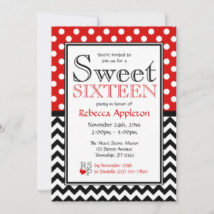Polka Dot Red en Chevron Sweet Sixteen-uitnodiging Kaart