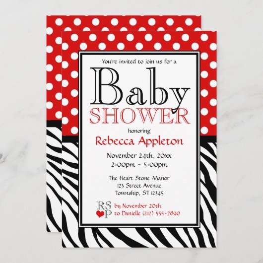 Polka Dot Red en Zebra Print Baby shower Kaart (Voorkant / Achterkant)