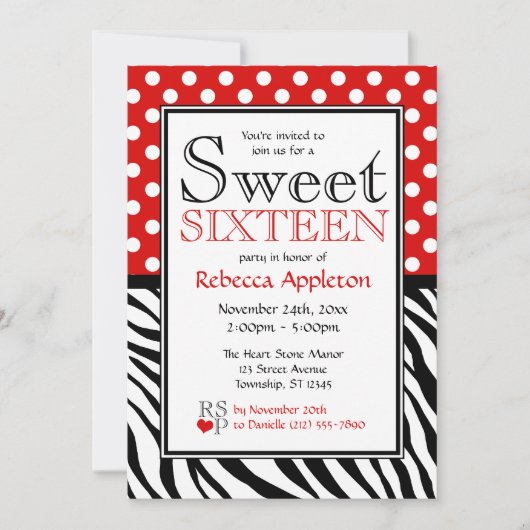 Polka Dot Red en Zebra Print Sweet Sixteen Kaart (Voorkant)
