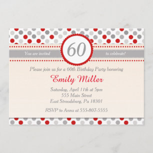 Polka Dot Red Gray Adult Birthday Party Invitation Kaart
