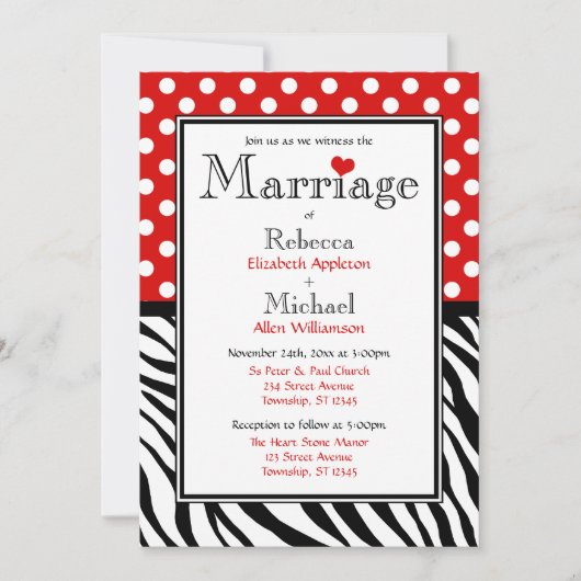 Polka Dot Red & Zebra Print Wedding Invitting Kaart (Voorkant)