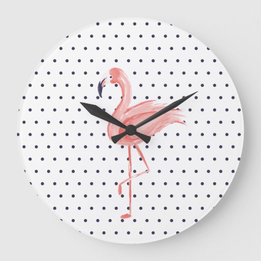 Polka Dot Reto Pink Waterverf flamingo Grote Klok (Voorkant)