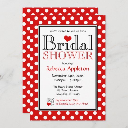 Polka Dot Rood Hart Bridal Douche Uitnodigingen (Voorkant / Achterkant)