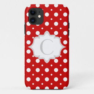 Polka dot rood, wit, grijs monogram girly iPhone 11 hoesje