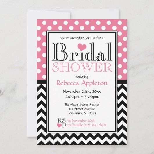 Polka Dot Roze & Chevron Bridal Shower Uitnodiging (Voorkant)