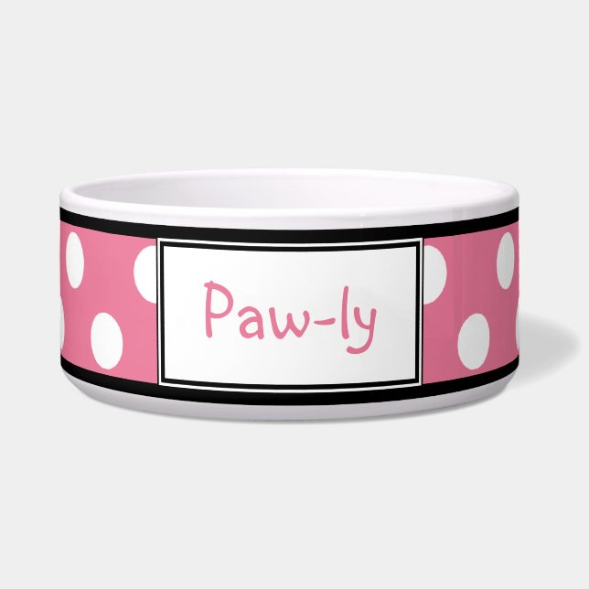Polka Dot roze gepersonaliseerde Dog Bowl Voerbakje (Voorkant)