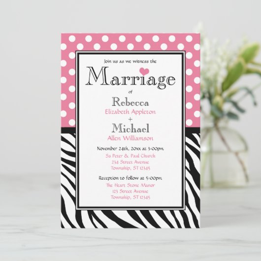 Polka Dot Roze & Zebra Print bruiloft uitnodiginge Kaart (Staand voorkant)