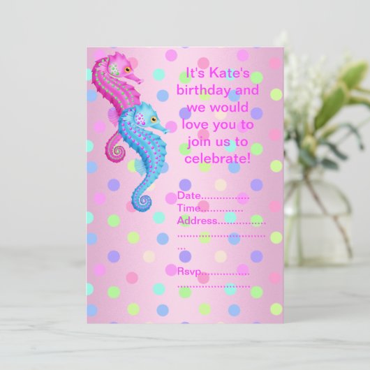 POLKA DOT SEAHORSE PARTIJ INVITATIE roze Kaart (Staand voorkant)