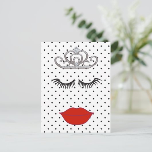 Polka Dot Shower: Waar is mijn lipstick Tiara Part Briefkaart (Staand voorkant)
