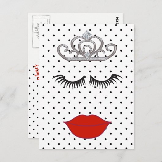 Polka Dot Shower: Waar is mijn lipstick Tiara Part Briefkaart (Voorkant / Achterkant)