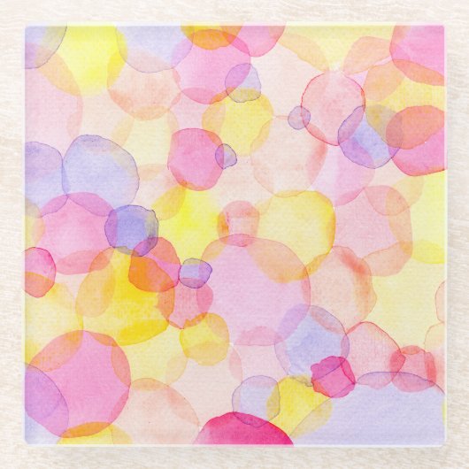 Polka Dot Splash: Kleurrijke Waterverf Glazen Onderzetter (Voorkant)
