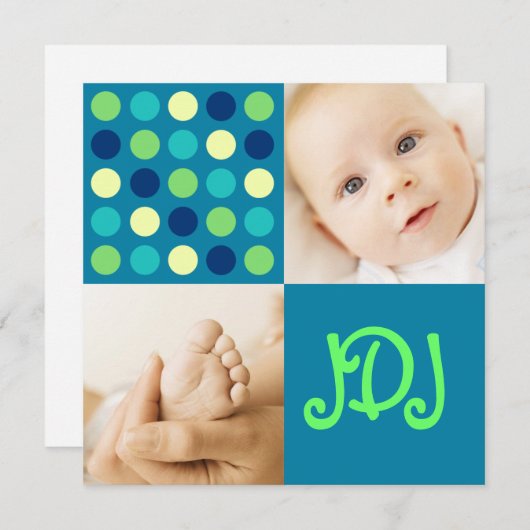 Polka Dot Square Initialen Blue Aankondiging (Voorkant / Achterkant)