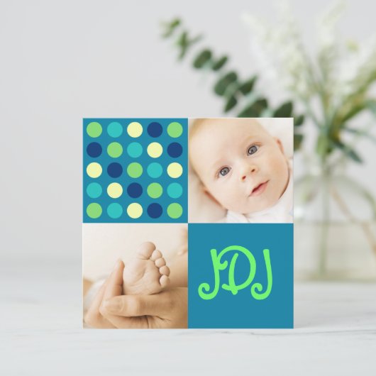 Polka Dot Square Initialen Blue Aankondiging (Staand voorkant)