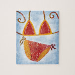Polka Dot String Bikini Jigzaag Puzzle Legpuzzel<br><div class="desc">String Bikini in kleurrijk geel en rood met polka-stippen boven een blauwe achtergrond.</div>