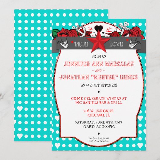 Polka Dot Tattoo Rockabilly Wedding Kaart (Voorkant / Achterkant)