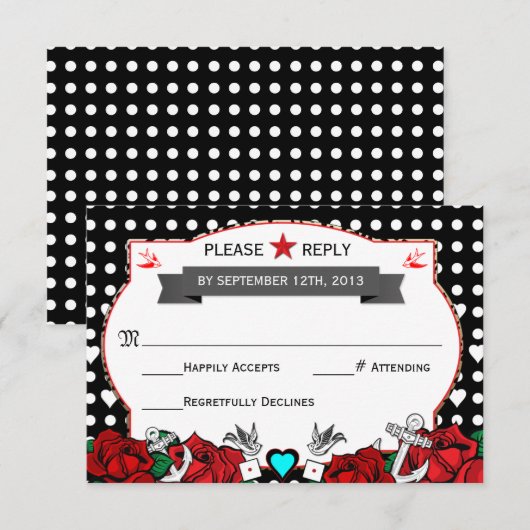 Polka Dot Tattoo Rockabilly Wedding Rsvp Card Kaartje (Voorkant / Achterkant)
