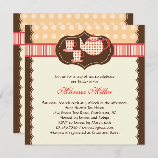 Polka Dot Tea Pot Bridal Shower Kaart (Voorkant / Achterkant)