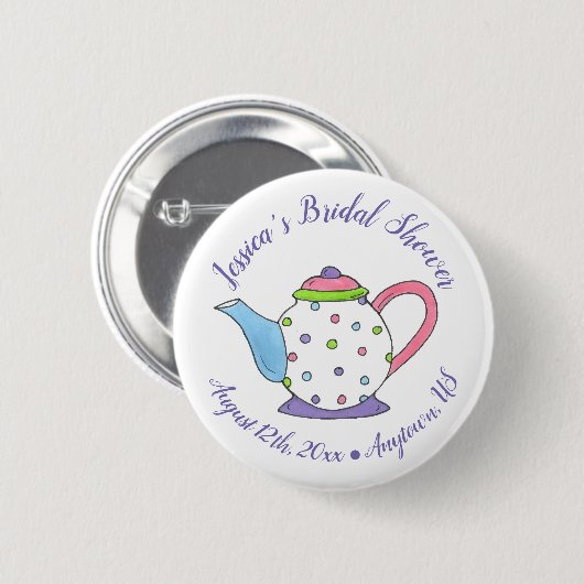 Polka Dot Teapot Aftermiddag Tea Bridal Baby showe Ronde Button 5,7 Cm (Voorkant /achterkant)