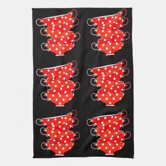 Polka dot theekopje rood en wit grillig Theedoek (Verticaal)