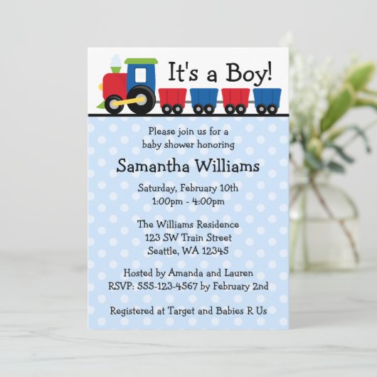 Polka Dot Train Boy Baby shower Kaart (Staand voorkant)