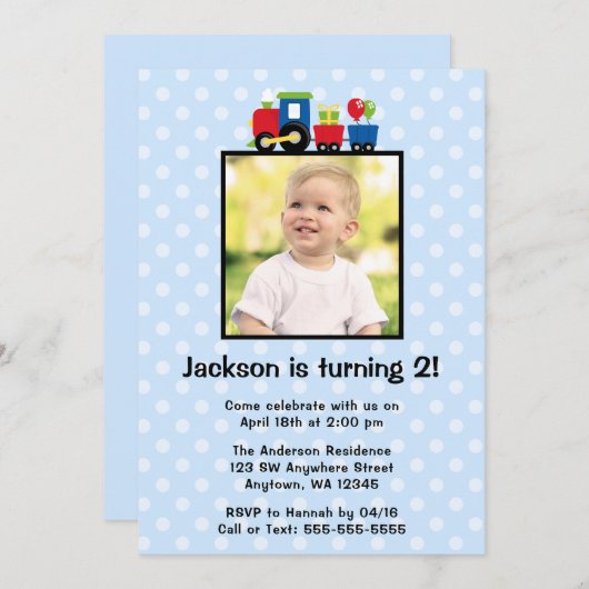 Polka Dot Trein Verjaardag Jongen Foto Uitnodiging (Voorkant / Achterkant)