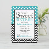 Polka Dot Turquoise & Chevron Sweet Sixteen Kaart (Staand voorkant)