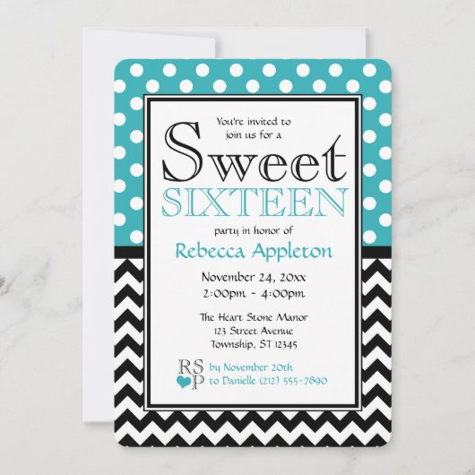 Polka Dot Turquoise & Chevron Sweet Sixteen Kaart (Voorkant)