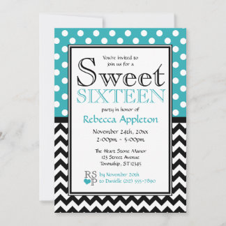 Polka Dot Turquoise & Chevron Sweet Sixteen Kaart