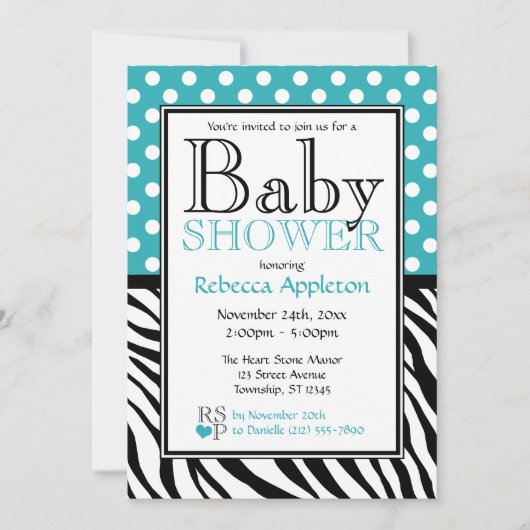 Polka Dot Turquoise & Zebra Print Baby shower Kaart (Voorkant)