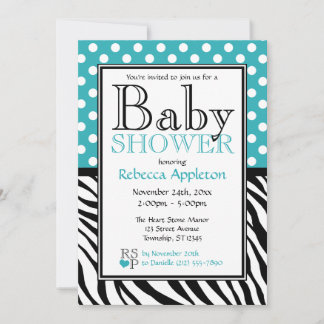 Polka Dot Turquoise & Zebra Print Baby shower Kaart