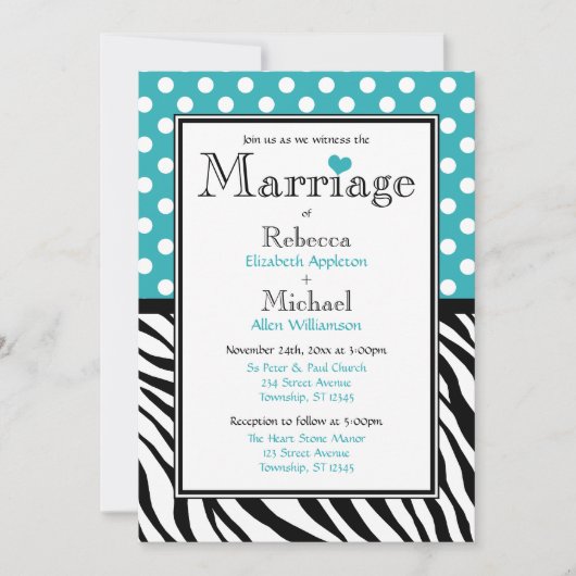 Polka Dot Turquoise Zebra Print bruiloft uitnodigi Kaart (Voorkant)