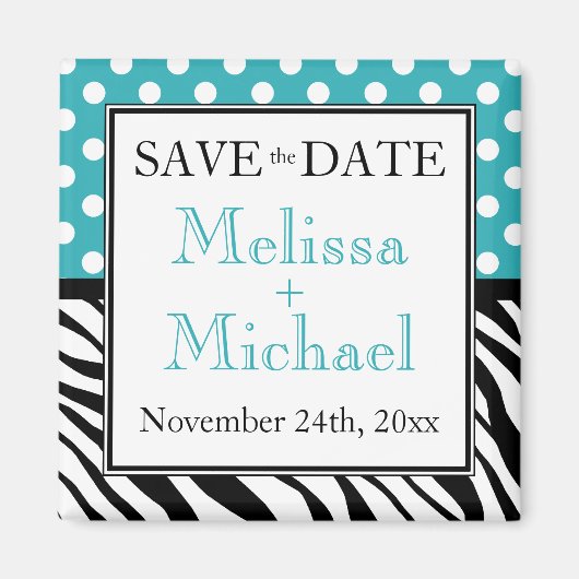 Polka Dot Turquoise Zebra Print Save the Date Magneet (Voorkant)