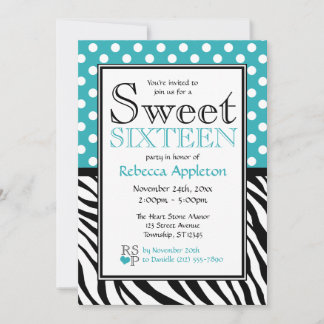 Polka Dot Turquoise & Zebra Print Sweet Sixteen Kaart
